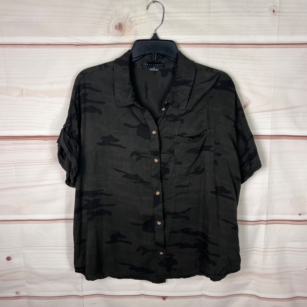Sanctuary Top Womens PL Green Black Camo Button Up Shirt Short Sleeve Collar